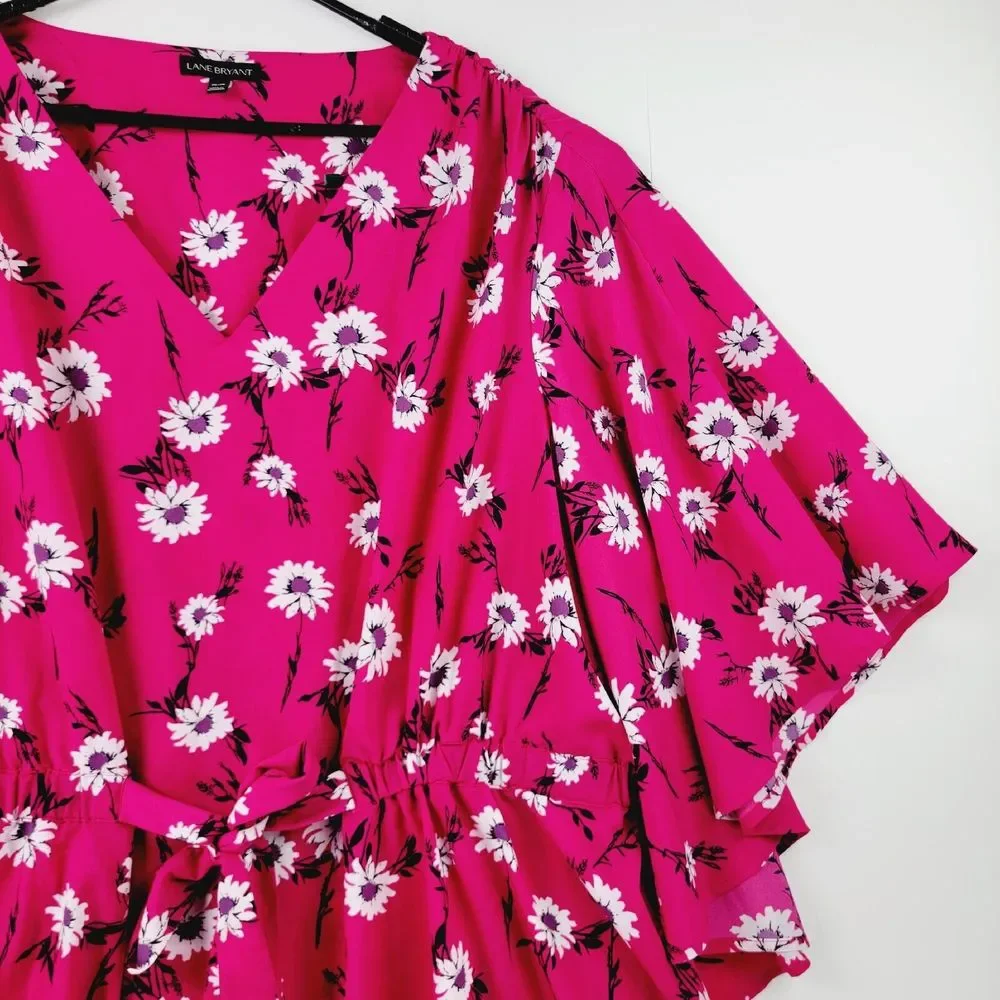 Lane Bryant Blouse Women 26/28 Pink Floral Print Bat Flared Sleeve Kimono Belted - Picture 3 of 14